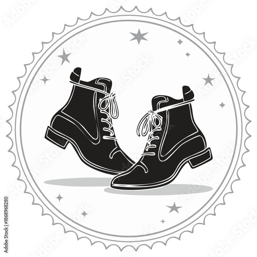 Stylish Silhouette Illustration of Fashionable Lace-up Ankle Boots in Round Decorative Frame