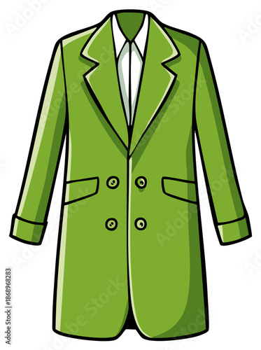 Vibrant green double breasted overcoat with white collared shirt and tie cartoon illustration