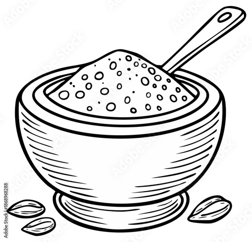 Simple illustration of a wooden bowl filled with fine powder and a spoon with almond seeds scattered nearby