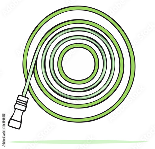 Coiled Green Garden Hose Illustration: Outdoor Watering Equipment for Plants and Lawn Care