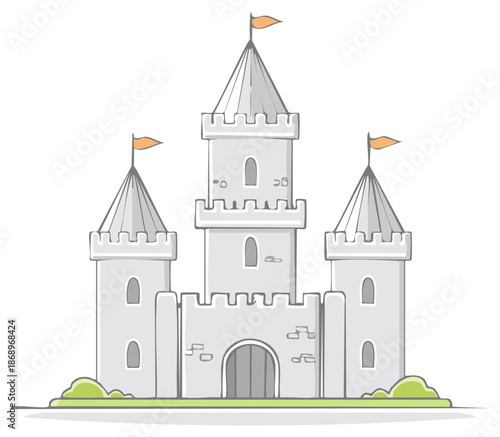 Hand Drawn Castle Illustration with Towers and Flags, Cartoon Style, Fantasy