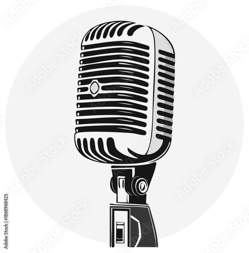 Vintage microphone illustration with chrome accents on a circular grey background