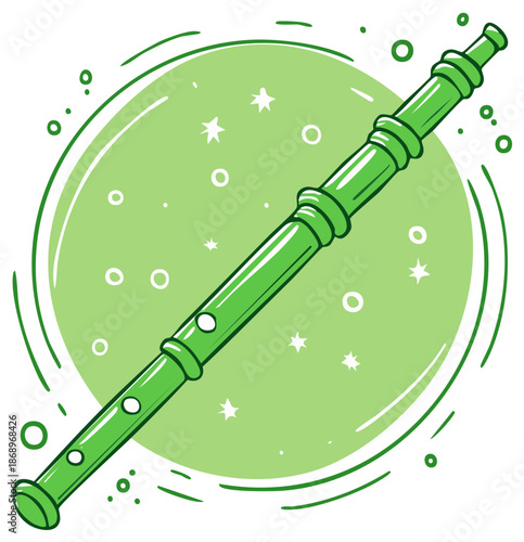 Green Recorder Musical Instrument with Stars and Circles Illustration