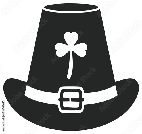 Leprechaun top hat silhouette with a shamrock clover for St Patricks Day celebration