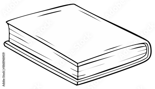 Blank closed book outline illustration. Black and white line drawing for coloring pages or educational concepts.