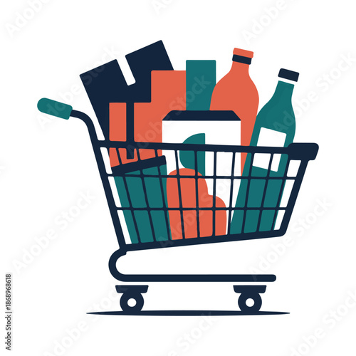 Shopping cart filled with groceries and bottles in flat design trolley food