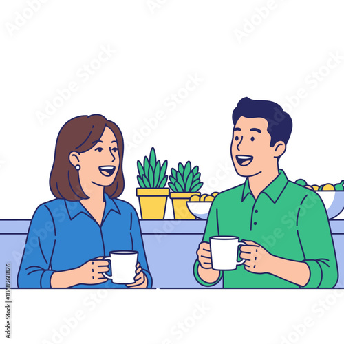 Relaxed communication depicted in a flat 2D graphic illustration featuring two colleagues laughing and chatting while holding coffee mugs in a brightly lit office break room