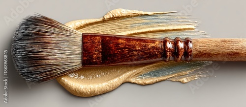 Brush smearing golden pigment on gray surface; cosmetic