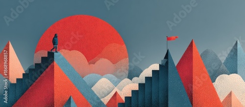 A lone figure ascends stairs towards a red flag atop a mountain, sunset backdrop