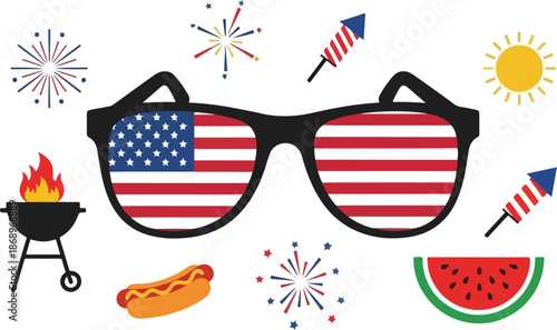 Celebrating Independence Day A Festive Illustration with Patriotic Sunglasses and Summer BBQ Elements