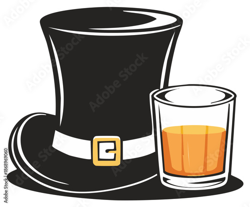 Illustration of a leprechaun's hat and whiskey glass for St Patrick's Day celebration.