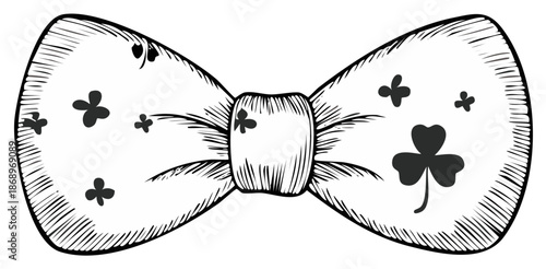Hand-drawn bow tie with shamrock and clover leaf pattern, vintage sketch style