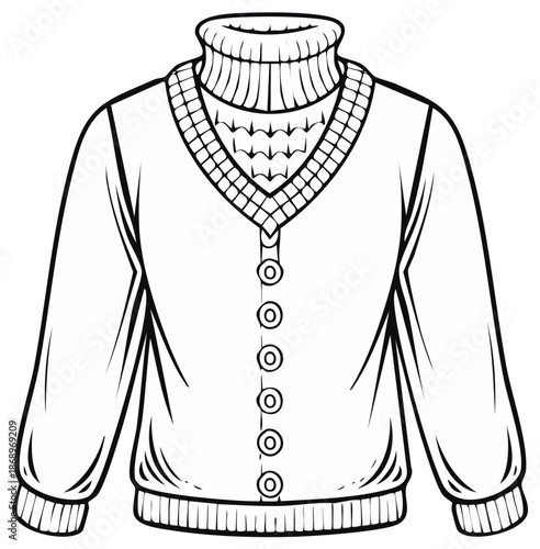 Outline of a knitted sweater with turtleneck and buttons