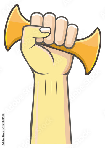 Illustration of hand holding a golden horn instrument