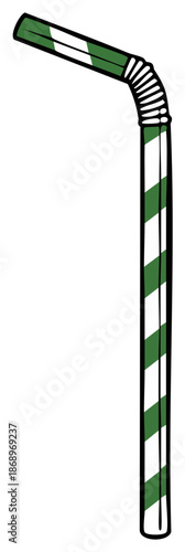 Green and white striped straw illustration. Artistic drink accessory, bent for ease of use. Cartoon style.