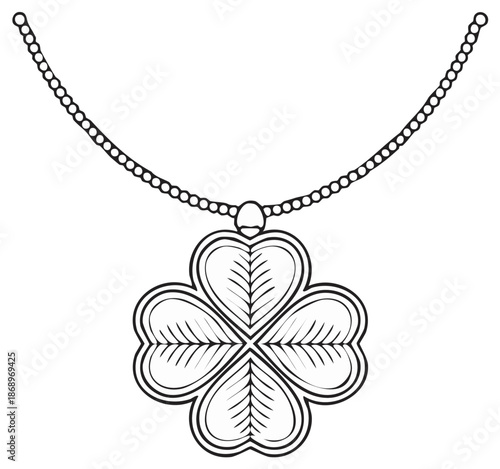 Delicate beaded necklace featuring a lucky four leaf clover pendant drawing in monochrome
