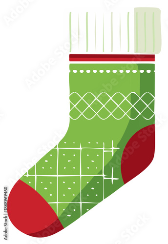 Decorative green and red Christmas sock with white patterns illustration