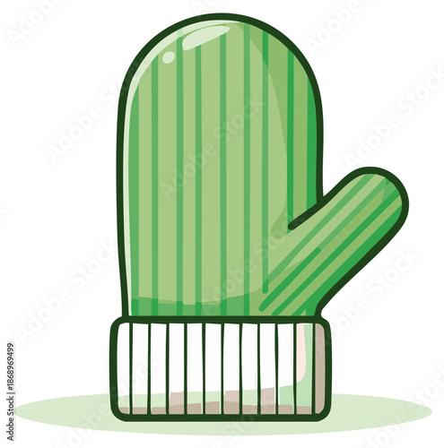 Green Mitten Illustration with Stripes and Knit Cuff