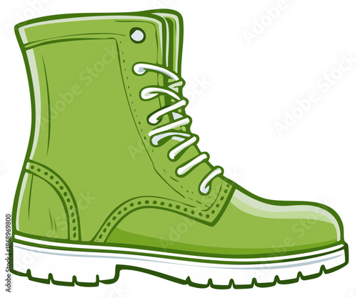 Bright green cartoon combat boot with white laces and sturdy sole isolated footwear illustration