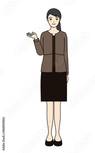 Professional woman in brown business suit gesturing with hand