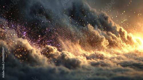 Sparkling clouds with glowing particles and dramatic lighting.