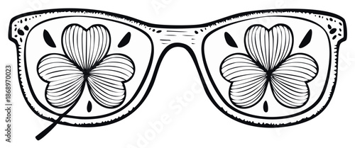 Hand drawn Saint Patricks Day sunglasses with a shamrock clover design on the lenses