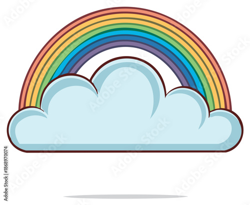 Colorful rainbow arc sitting atop a fluffy, light blue cloud, cartoon vector illustration, weather symbol of hope and promise