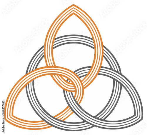 Stylized orange and grey Celtic Triquetra knot with interwoven striped lines