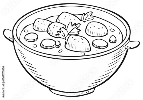 Hand drawn illustration of a hearty bowl of meat and potato stew for a coloring book page
