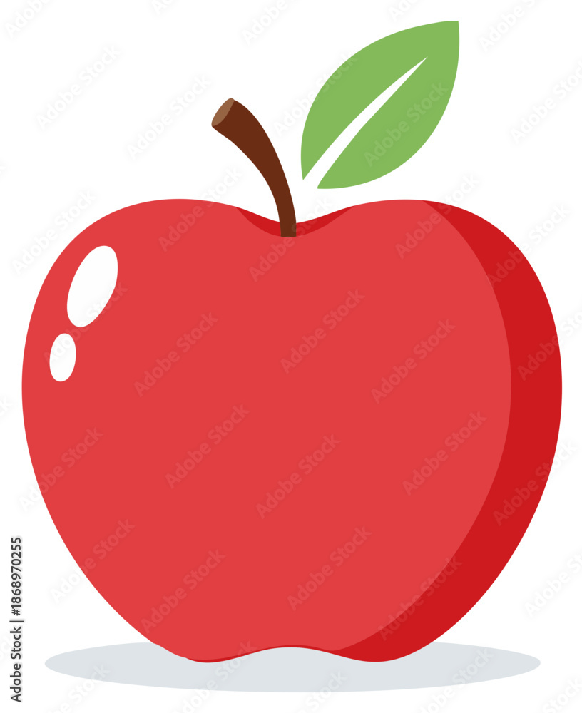 Fototapeta premium Stylized red apple with green leaf and brown stem simple graphic illustration
