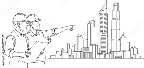 Continuous line drawing of two engineers wearing hard hats looking at city skyline and holding construction blueprints plan vector minimalist illustration,