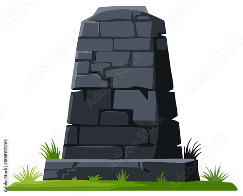 Cartoon old stone monument made of rough grey blocks with green grass