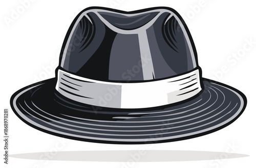 Classic Fedora Hat Illustration with a White Ribbon in Black and Gray Colors