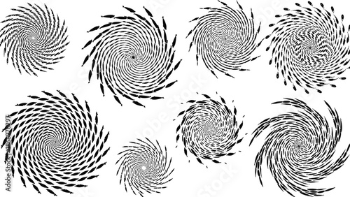 Abstract Vector Illustration of Swirling Fish Shoals forming Spiral Circles and Vortex Patterns for Marine Life Designs, Aquatic Nature Concepts, and Seafood Branding,