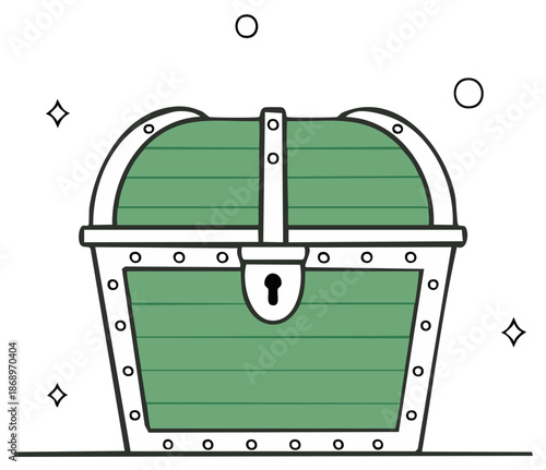 Illustration of a mysterious closed green treasure chest with a lock and sparkles