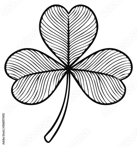 Black and white three leaf clover shamrock illustration with line pattern good luck nature symbol