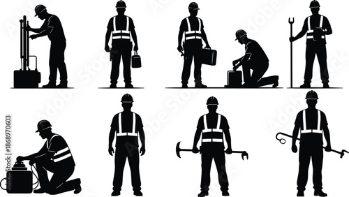 Industrial Worker and Maintenance Technician Silhouette Vector Set, Manual Laborers in Hard Hat and Safety Vest Illustrations, Construction, Repair, and Service Workforce Professionals Collection