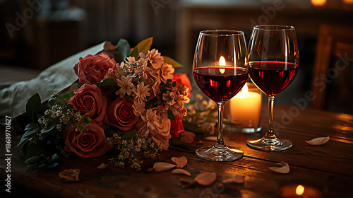 Romantic Dinner Table with Flowers and Wine