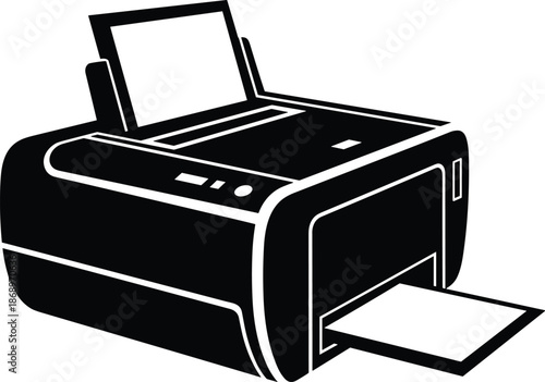 Inkjet printer silhouette with paper output, office printing device concept, home and business document equipment, modern technology appliance, black and white vector illustration