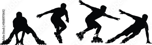 Inline skating action silhouettes set, dynamic rollerblade movement poses, extreme sport energy and balance, urban fitness motion concept, black and white vector illustration