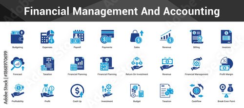 Financial Management And Accounting Cohesive set of minimalist vector icons representing key ideas with visual clarity