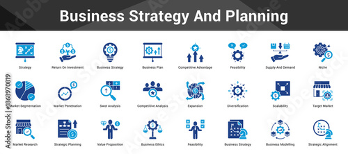 Business Strategy And Planning Cohesive set of minimalist vector icons representing key ideas with visual clarity