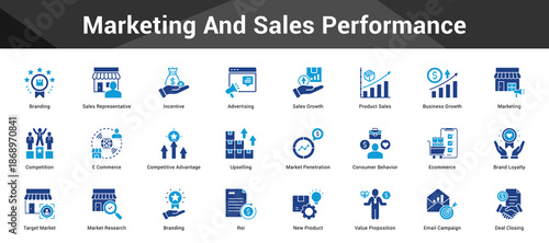 Marketing And Sales Performance Cohesive set of minimalist vector icons representing key ideas with visual clarity