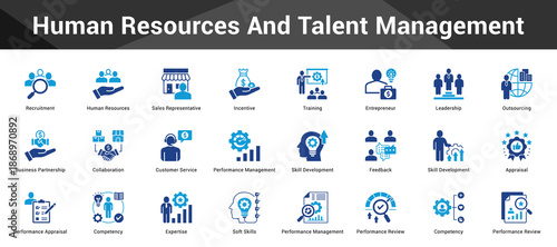 Human Resources And Talent Management Cohesive set of minimalist vector icons representing key ideas with visual clarity