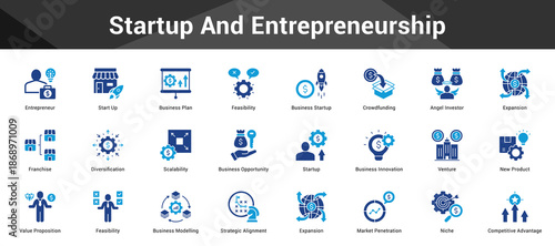 Startup And Entrepreneurship Cohesive set of minimalist vector icons representing key ideas with visual clarity