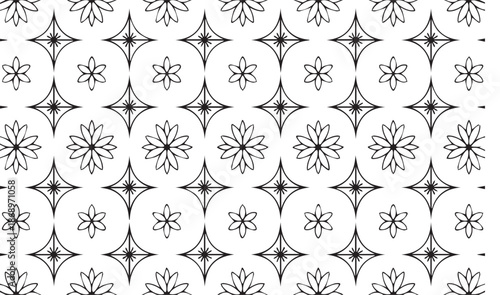 Intricate black and white geometric floral pattern with stars and petals geometric pattern