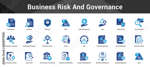 Business Risk And Governance Cohesive set of minimalist vector icons representing key ideas with visual clarity
