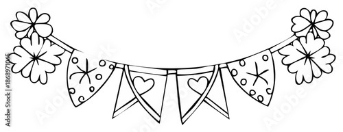 Hand-drawn Floral Garland with Hearts and Stars Party Decoration in Doodle Style