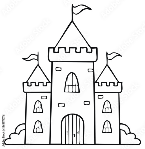 Simple black and white line art of a medieval fairytale castle with towers and flags for coloring.