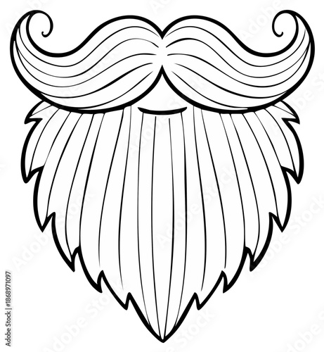 Black and White Line Art Illustration of a Stylized Full Beard and Curly Mustache Perfect for Holiday or Grooming Designs